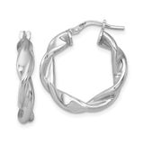 Sterling Silver Twisted Hoop Earrings, Rhodium Plated Braided Design, Polished Minimalist Style