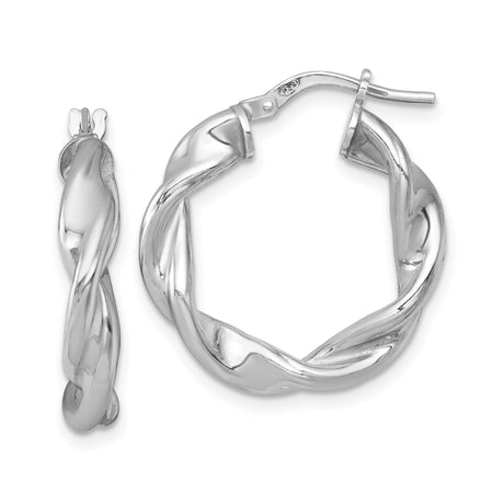 Sterling Silver Twisted Hoop Earrings, Rhodium Plated Braided Design, Polished Minimalist Style
