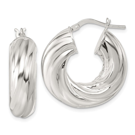 Sterling Silver Twisted Hoop Earrings, Chunky Ribbed Design, High Polish Finish