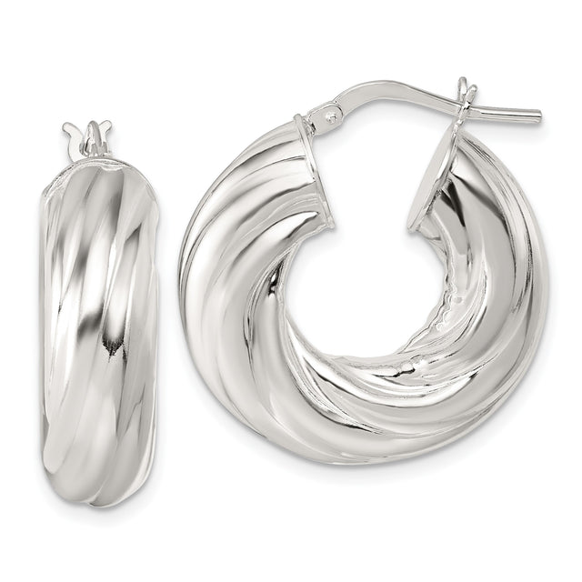 Sterling Silver Twisted Hoop Earrings, Chunky Ribbed Design, High Polish Finish