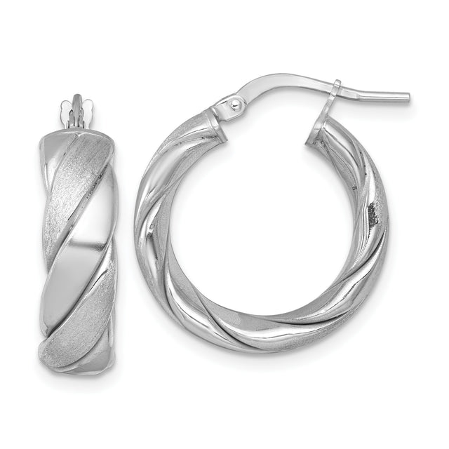 Sterling Silver Twisted Hoop Earrings with Swirl Design, Polished and Satin Finish