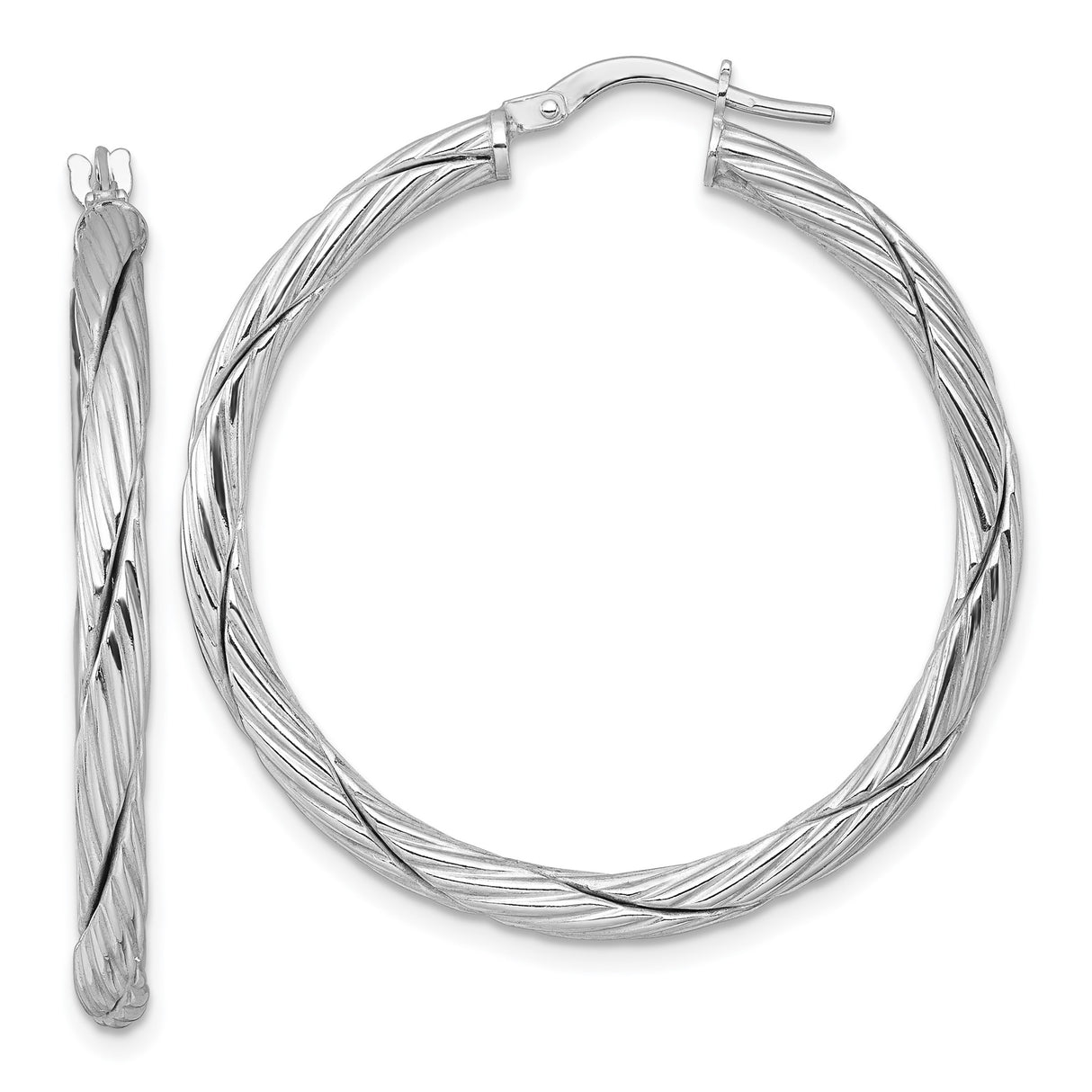 Sterling Silver Hoop Earrings, Twisted Rope Design with Polished Finish, Lightweight Medium Hoops