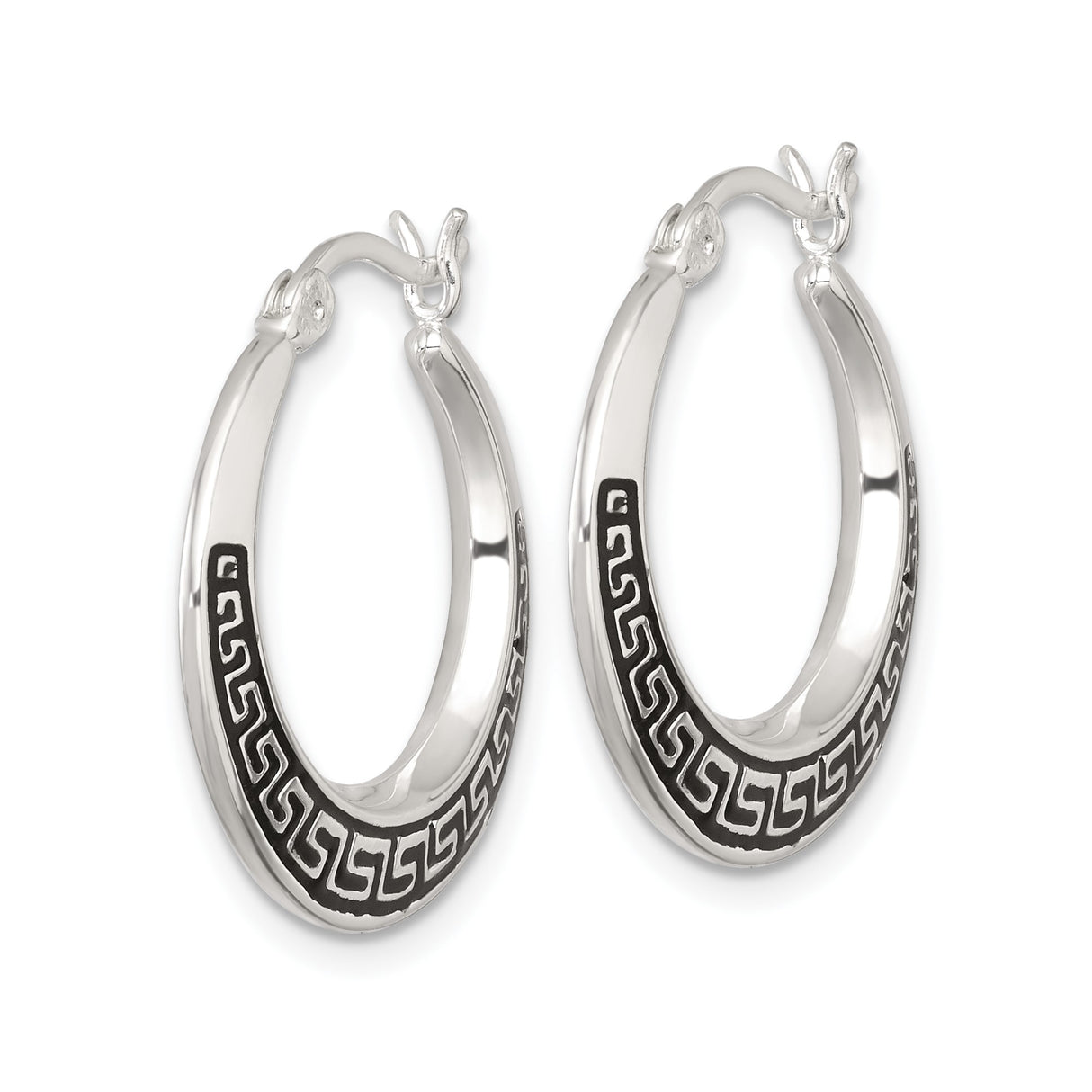 Sterling Silver Hoop Earrings with Black Enamel Greek Key Design, Modern Unisex Style