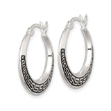 Sterling Silver Hoop Earrings with Black Enamel Greek Key Design, Modern Unisex Style