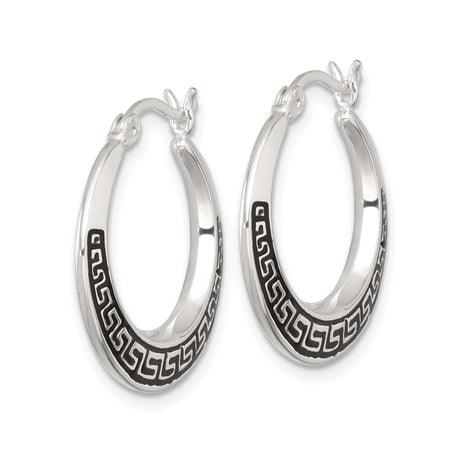Sterling Silver Hoop Earrings with Black Enamel Greek Key Design, Modern Unisex Style