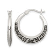 Sterling Silver Hoop Earrings with Black Enamel Greek Key Design, Modern Unisex Style