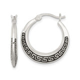 Sterling Silver Hoop Earrings with Black Enamel Greek Key Design, Modern Unisex Style