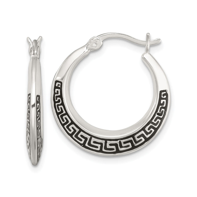 Sterling Silver Hoop Earrings with Black Enamel Greek Key Design, Modern Unisex Style