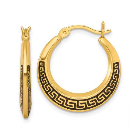 Sterling Silver Hoop Earrings with Black Enamel Greek Key Design for Women