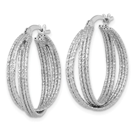 Sterling Silver Triple Hoop Earrings, Textured Twisted Design with Diamond Cut Finish