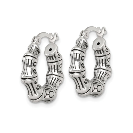 Sterling Silver Bamboo Hoop Earrings, Oxidized Textured Design, Nature-Inspired Artisan Jewelry