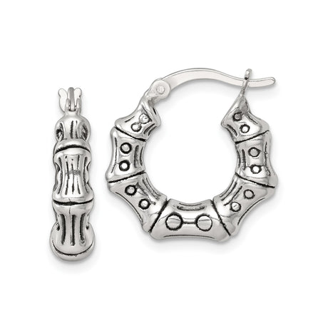Sterling Silver Bamboo Hoop Earrings, Oxidized Textured Design, Nature-Inspired Artisan Jewelry