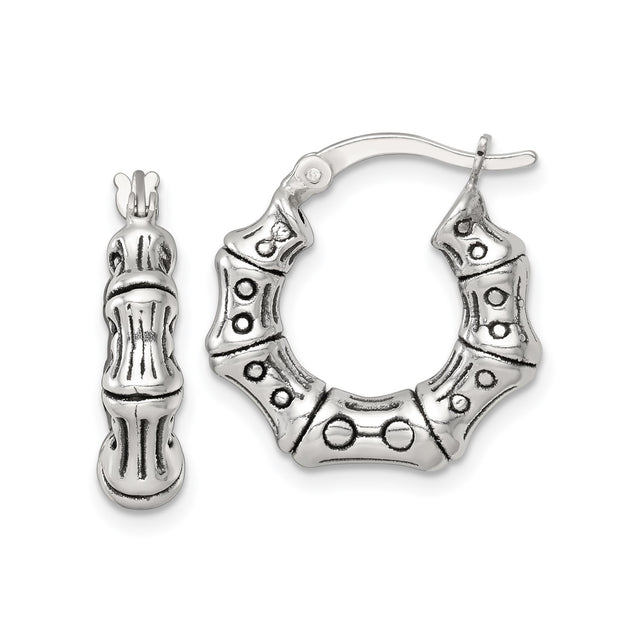 Sterling Silver Bamboo Hoop Earrings, Oxidized Textured Design, Nature-Inspired Artisan Jewelry