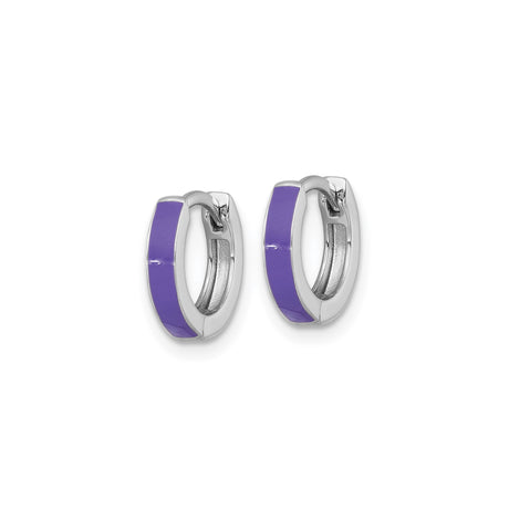 Sterling Silver Huggie Hoop Earrings with Purple Enamel Inlay, Rhodium Plated Minimalist Style