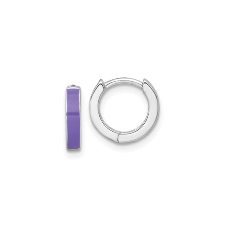 Sterling Silver Huggie Hoop Earrings with Purple Enamel Inlay, Rhodium Plated Minimalist Style