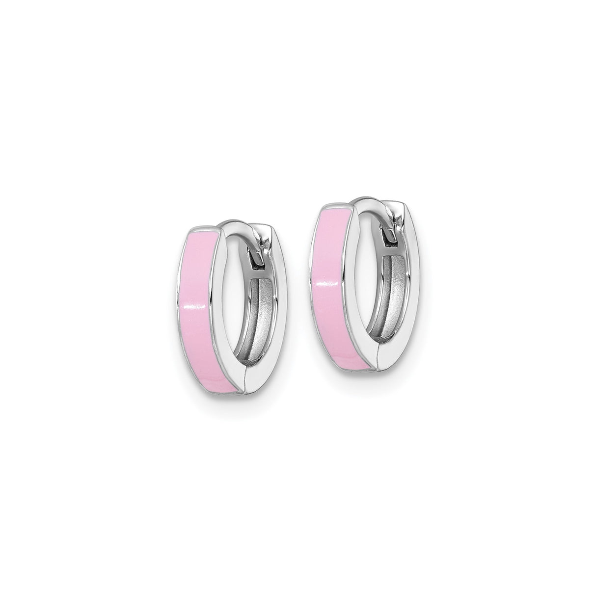 Sterling Silver Huggie Earrings with Soft Pink Enamel Inlay, Rhodium Plated Minimalist Hoops