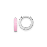 Sterling Silver Huggie Earrings with Soft Pink Enamel Inlay, Rhodium Plated Minimalist Hoops