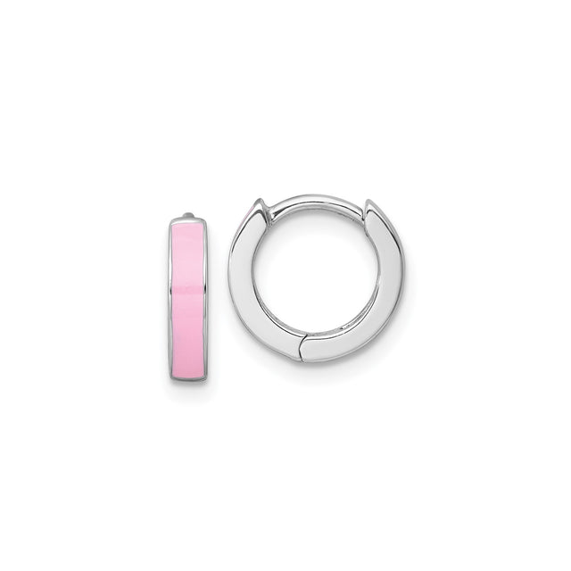 Sterling Silver Huggie Earrings with Soft Pink Enamel Inlay, Rhodium Plated Minimalist Hoops