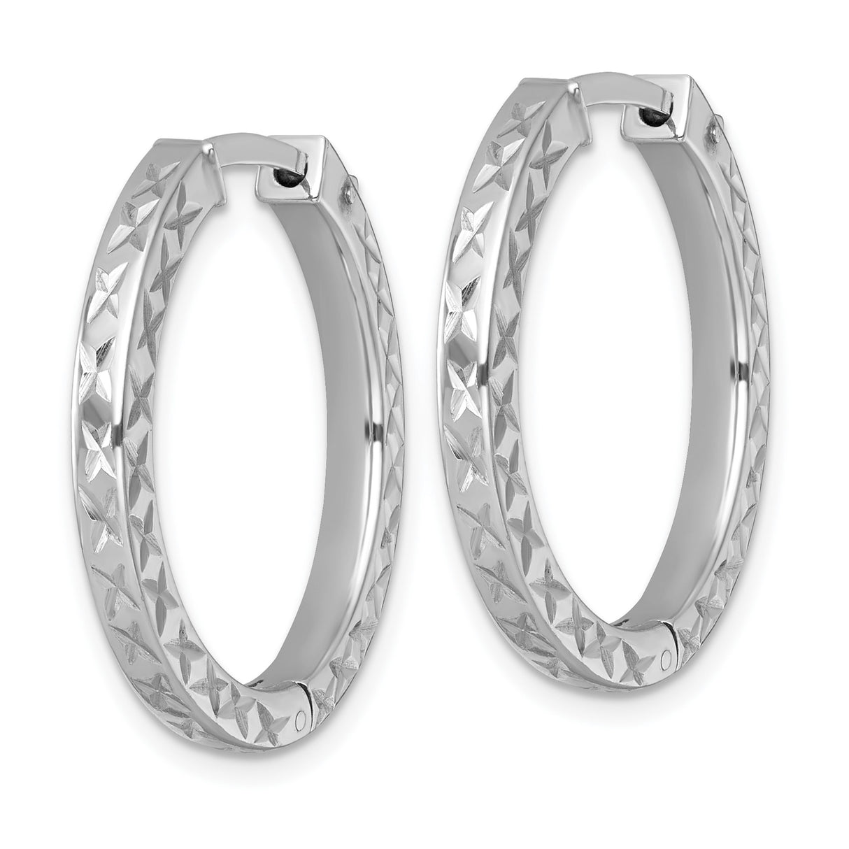 Sterling Silver Hoop Earrings with Diamond Cut Star Pattern and Hinged Clasp