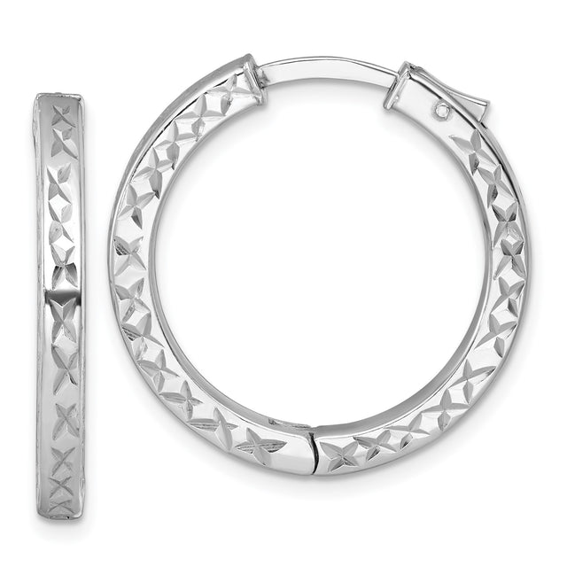 Sterling Silver Hoop Earrings with Diamond Cut Star Pattern and Hinged Clasp