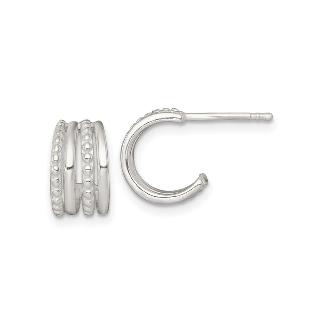 Sterling Silver Triple Hoop Stud Earrings for Women with Polished and Textured Beaded Design, Modern Layered Post Earrings, Classic Silver Hoops for Everyday or Formal Wear, Minimalist Jewelry Style