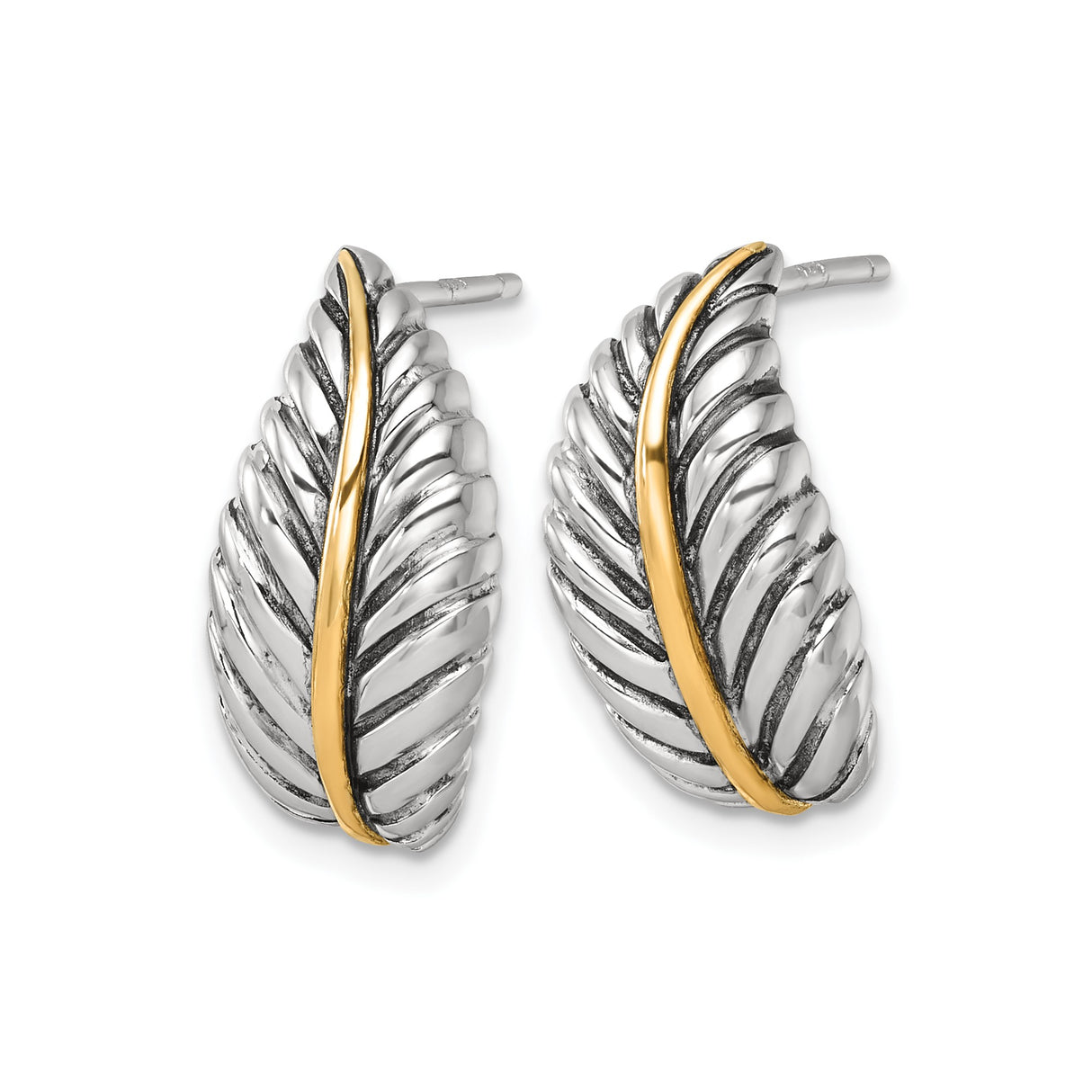 Sterling Silver and 14k Gold Leaf Stud Earrings, Textured Feather Design, Two-Tone Jewelry