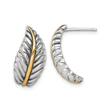 Sterling Silver and 14k Gold Leaf Stud Earrings, Textured Feather Design, Two-Tone Jewelry