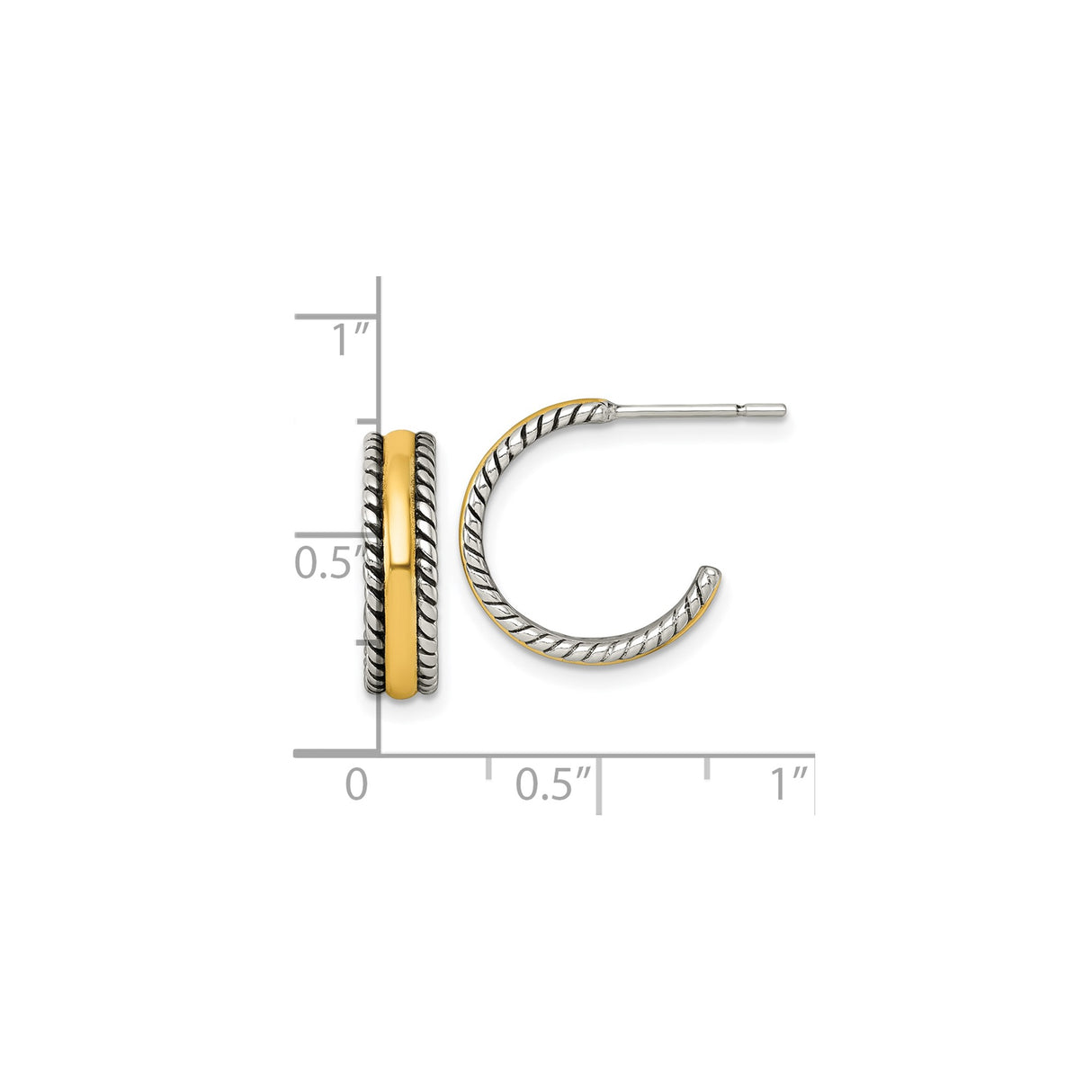 Sterling Silver Hoop Earrings with Twisted Rope Edge and Polished Yellow Gold-Tone Band