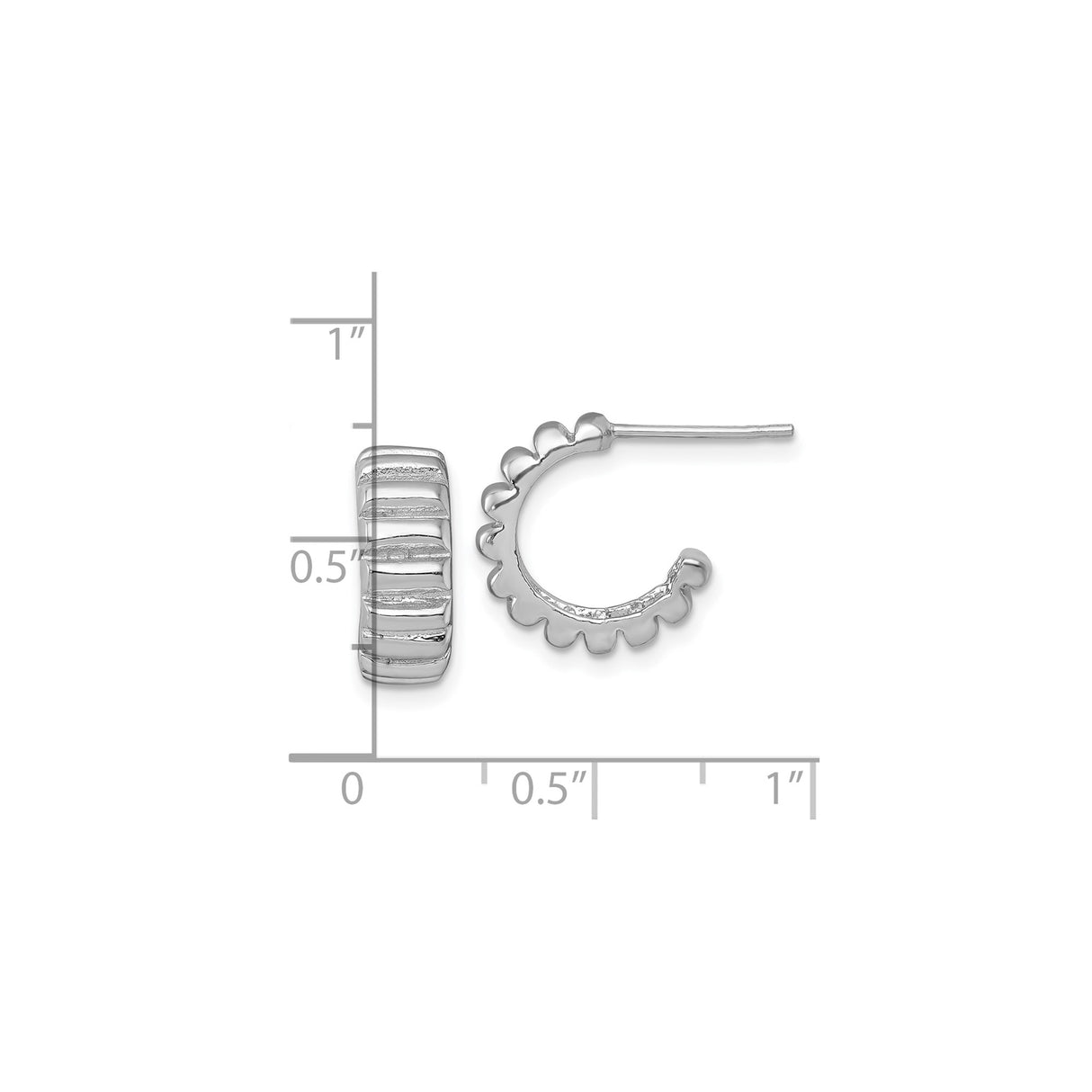Sterling Silver Half Hoop Earrings with Scalloped Edge and Horizontal Grooves