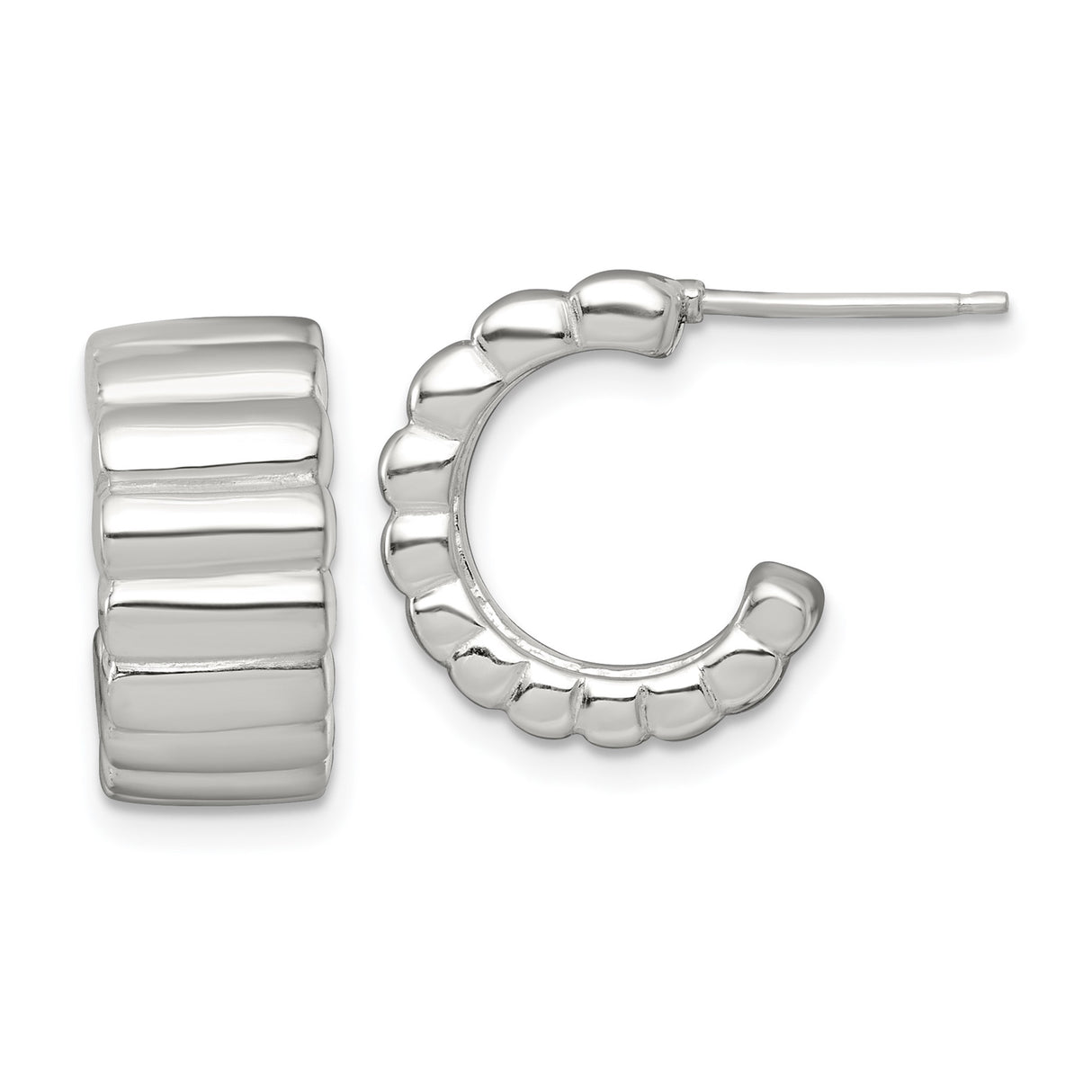 Sterling Silver Ribbed Hoop Earrings with Scalloped Texture, Modern Sculpted Design