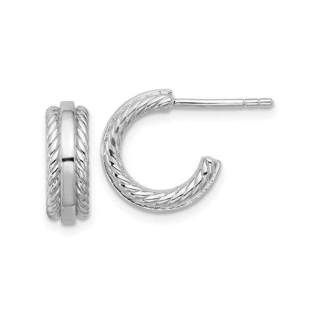 Sterling Silver Hoop Earrings with Textured Rope Design, Rhodium Plated Minimalist Style