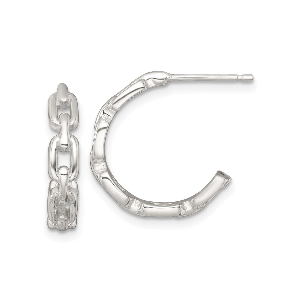 Sterling Silver Hoop Earrings with Bamboo Texture and Chain Link Design