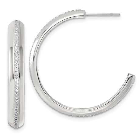 Sterling Silver Hoop Earrings with Cubic Zirconia Center, Polished Minimalist Design for Women