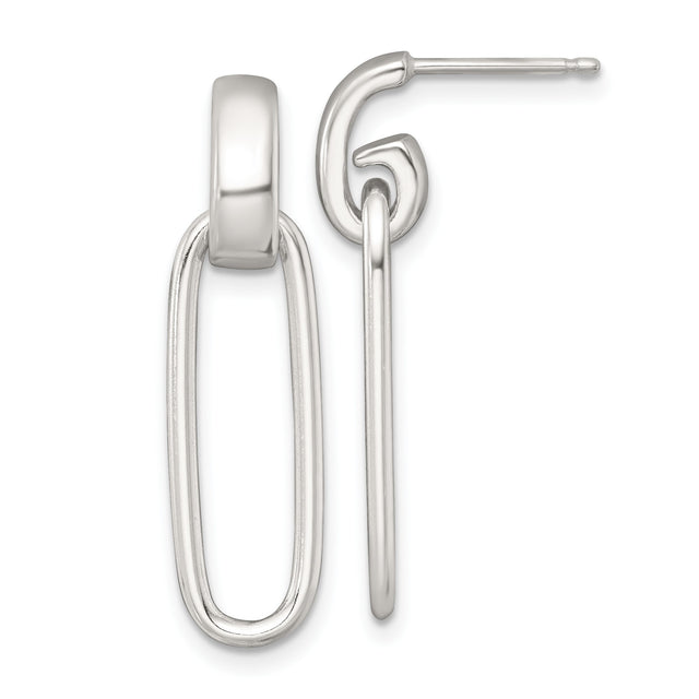 Sterling Silver Drop Earrings with Elongated Oval Links, Modern Minimalist Style for Women
