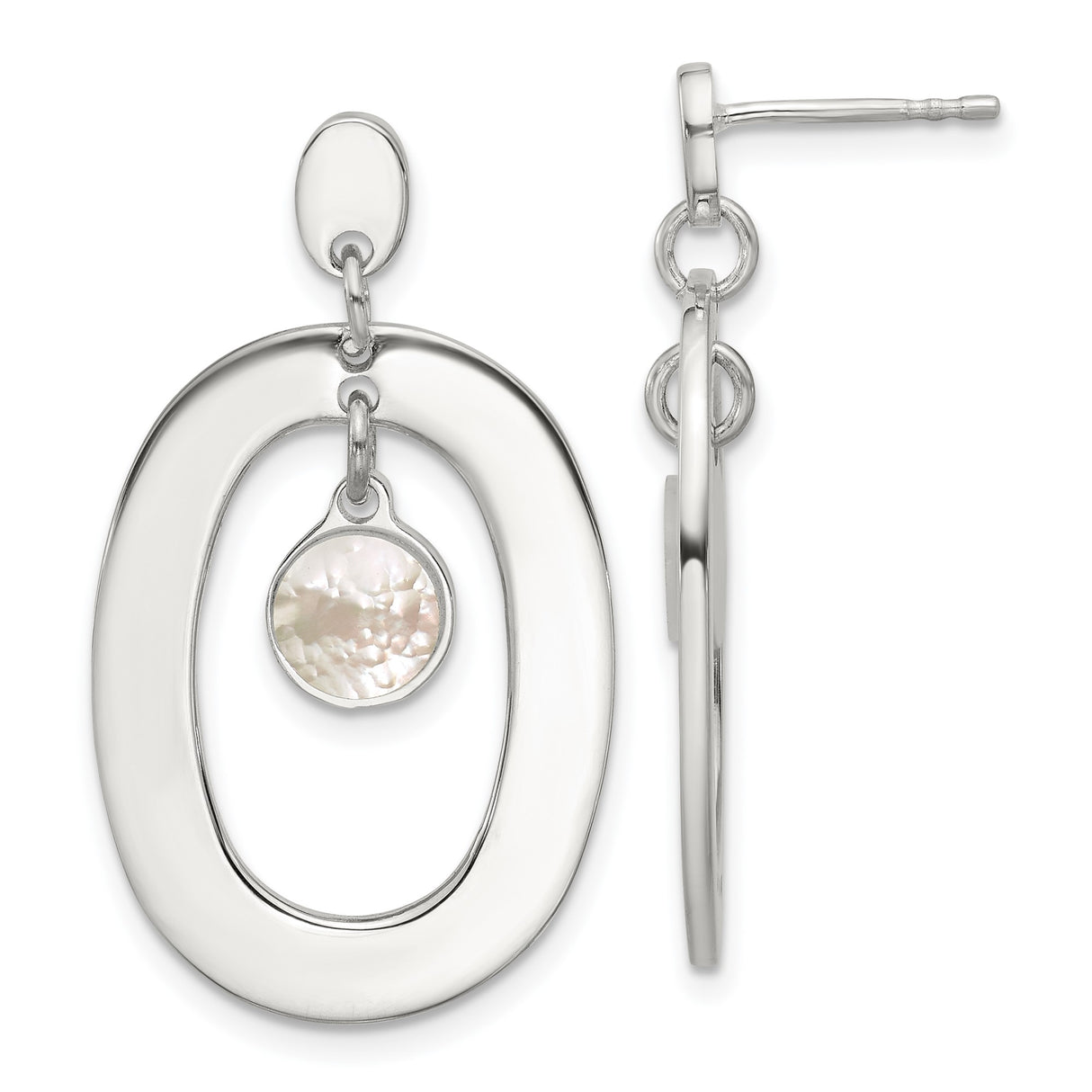 Sterling Silver Dangle Earrings with Mother of Pearl Disc and Open Oval Design for Women