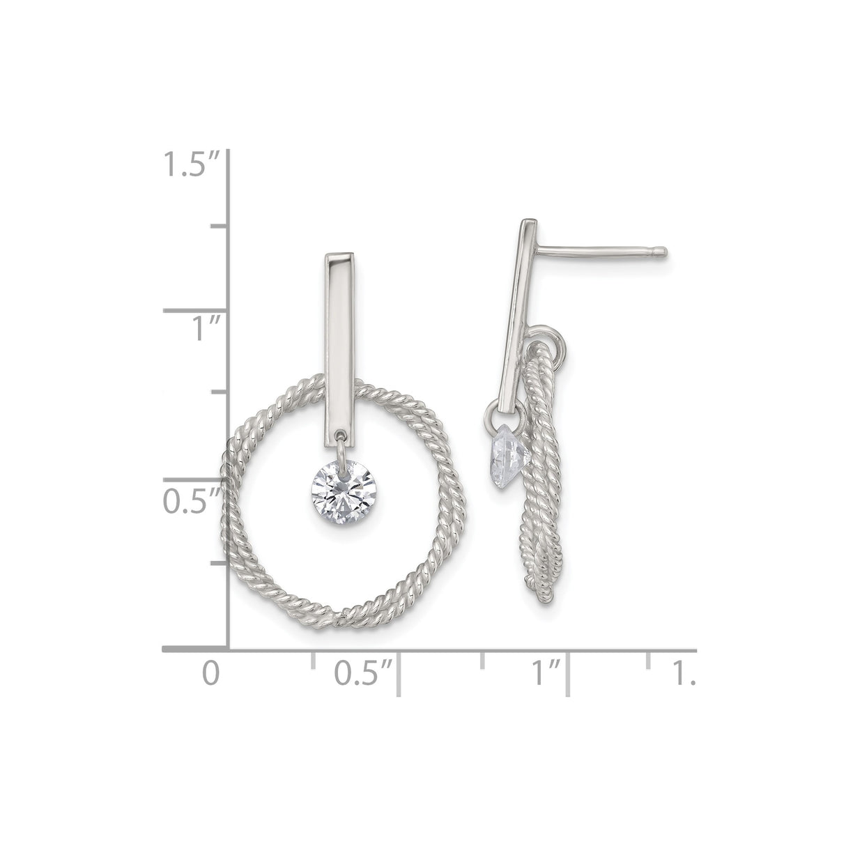 Sterling Silver Dangle Earrings with Cubic Zirconia and Twisted Rope Circle Design