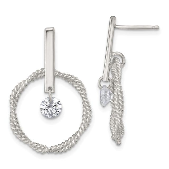 Sterling Silver Dangle Earrings with Cubic Zirconia and Twisted Rope Circle Design