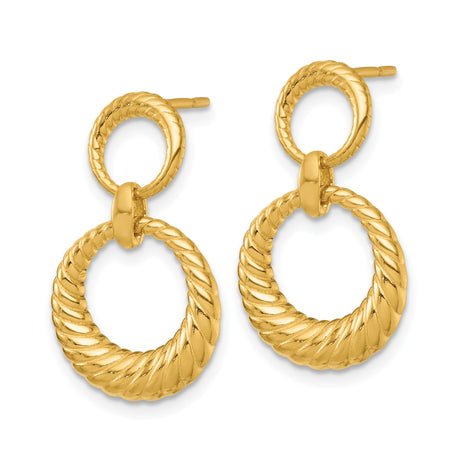 Sterling Silver Gold Plated Dangle Earrings with Interlocking Twisted Circles and Textured Rope Design
