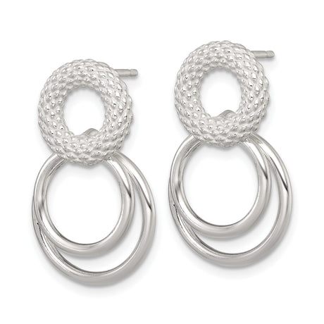 Sterling Silver Dangle Earrings with Interlocking Rings and Textured Studs, Modern Minimalist Design