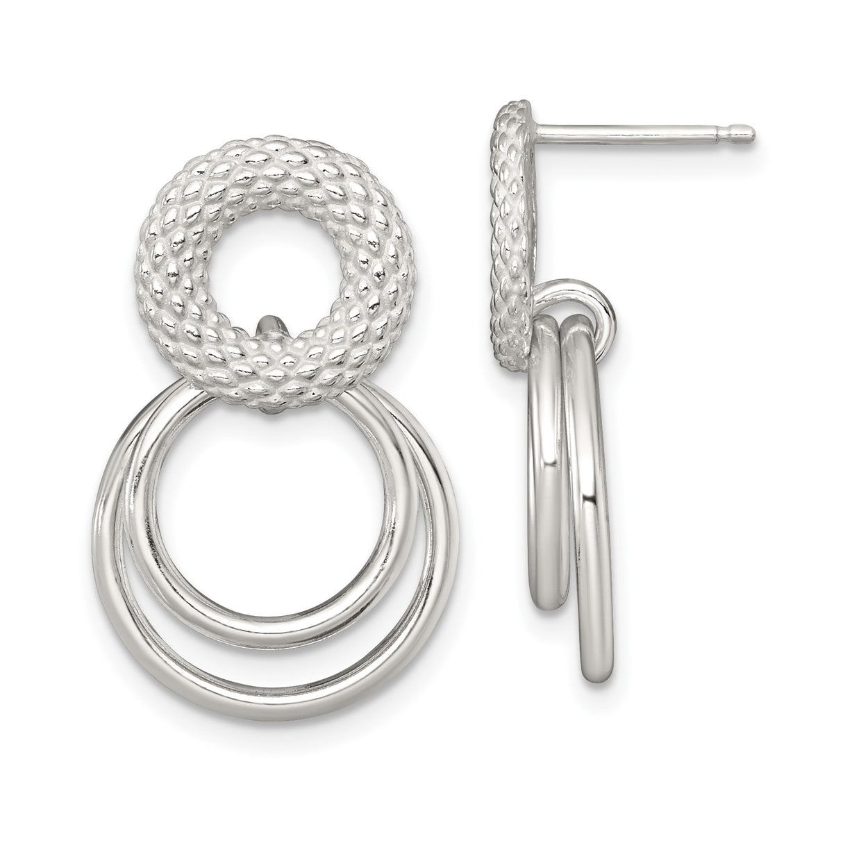 Sterling Silver Dangle Earrings with Interlocking Rings and Textured Studs, Modern Minimalist Design