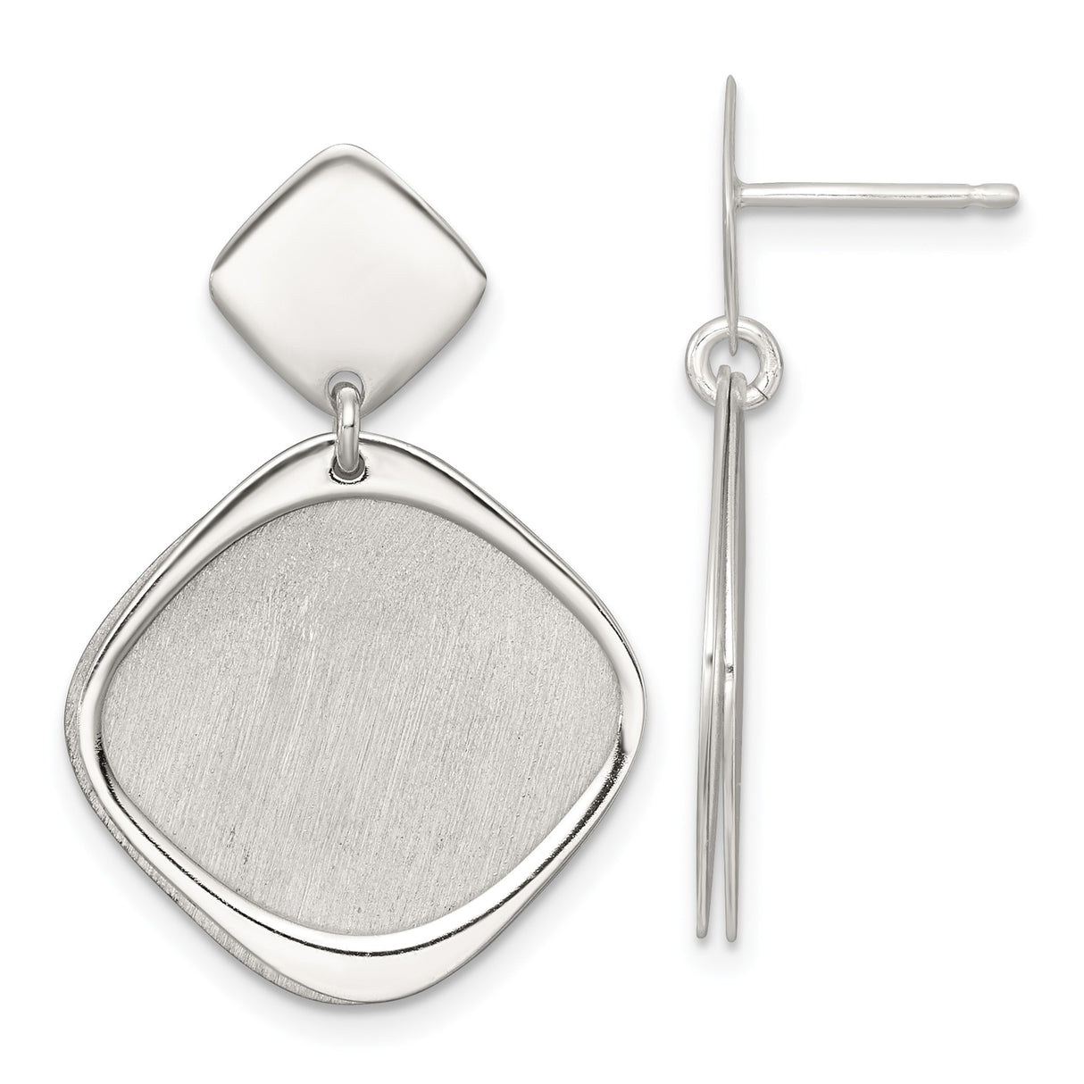 Sterling Silver Dangle Earrings with Brushed Cushion and Open Square Design, Modern Geometric Style