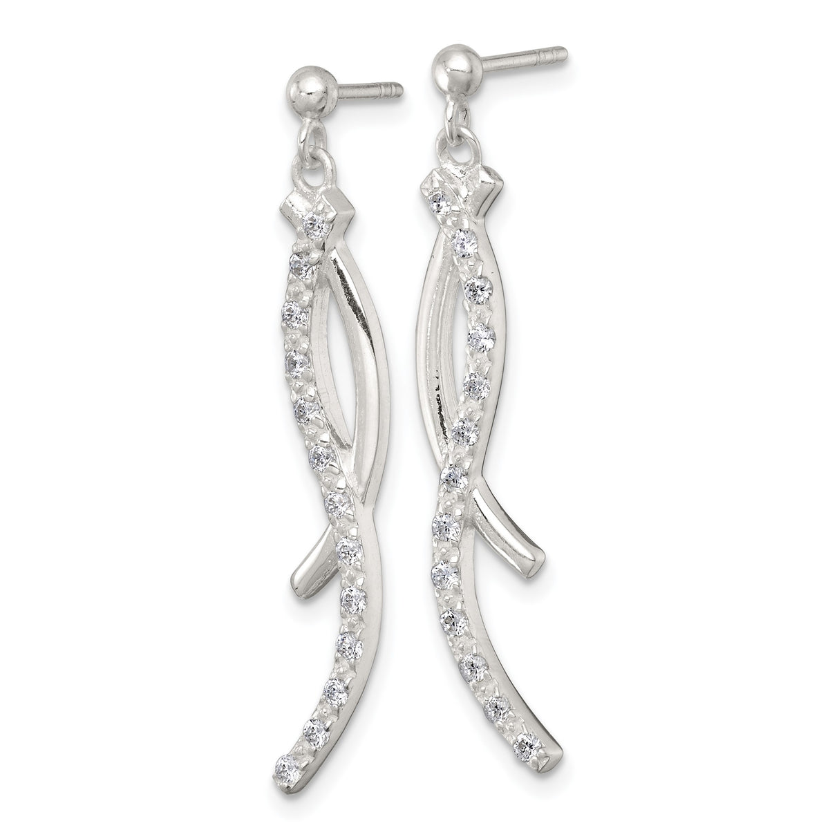 Sterling Silver Dangle Earrings with Cubic Zirconia, Twisted Bar Long Drop Design