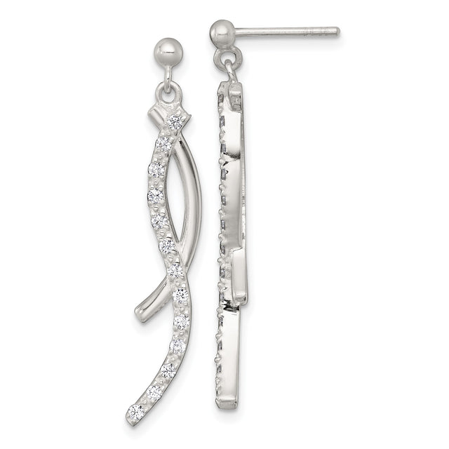 Sterling Silver Dangle Earrings with Cubic Zirconia, Twisted Bar Long Drop Design