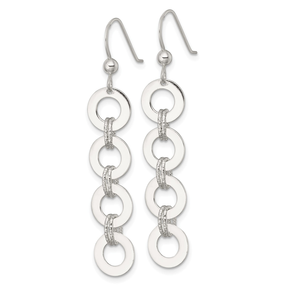 Sterling Silver Dangle Earrings with Interlocking Open Circles, Polished and Textured Geometric Design