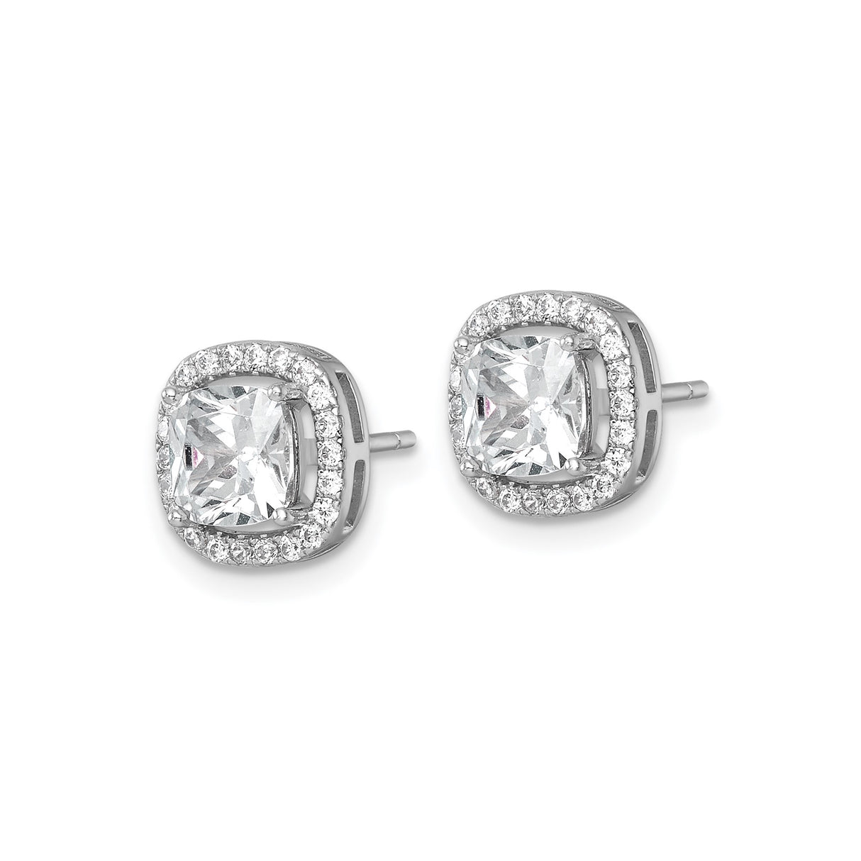 Sterling Silver Stud Earrings with Cushion Cut Cubic Zirconia in Halo Setting