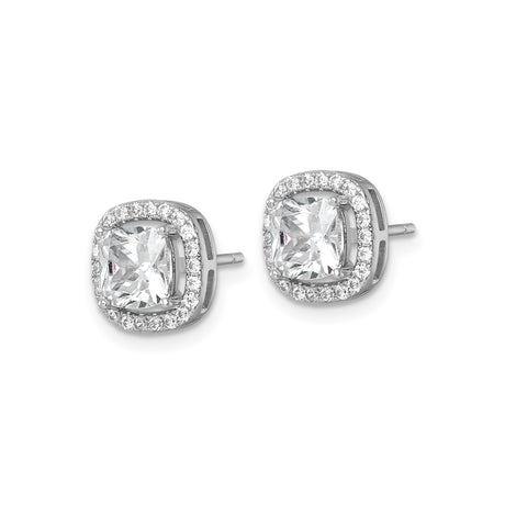 Sterling Silver Stud Earrings with Cushion Cut Cubic Zirconia in Halo Setting
