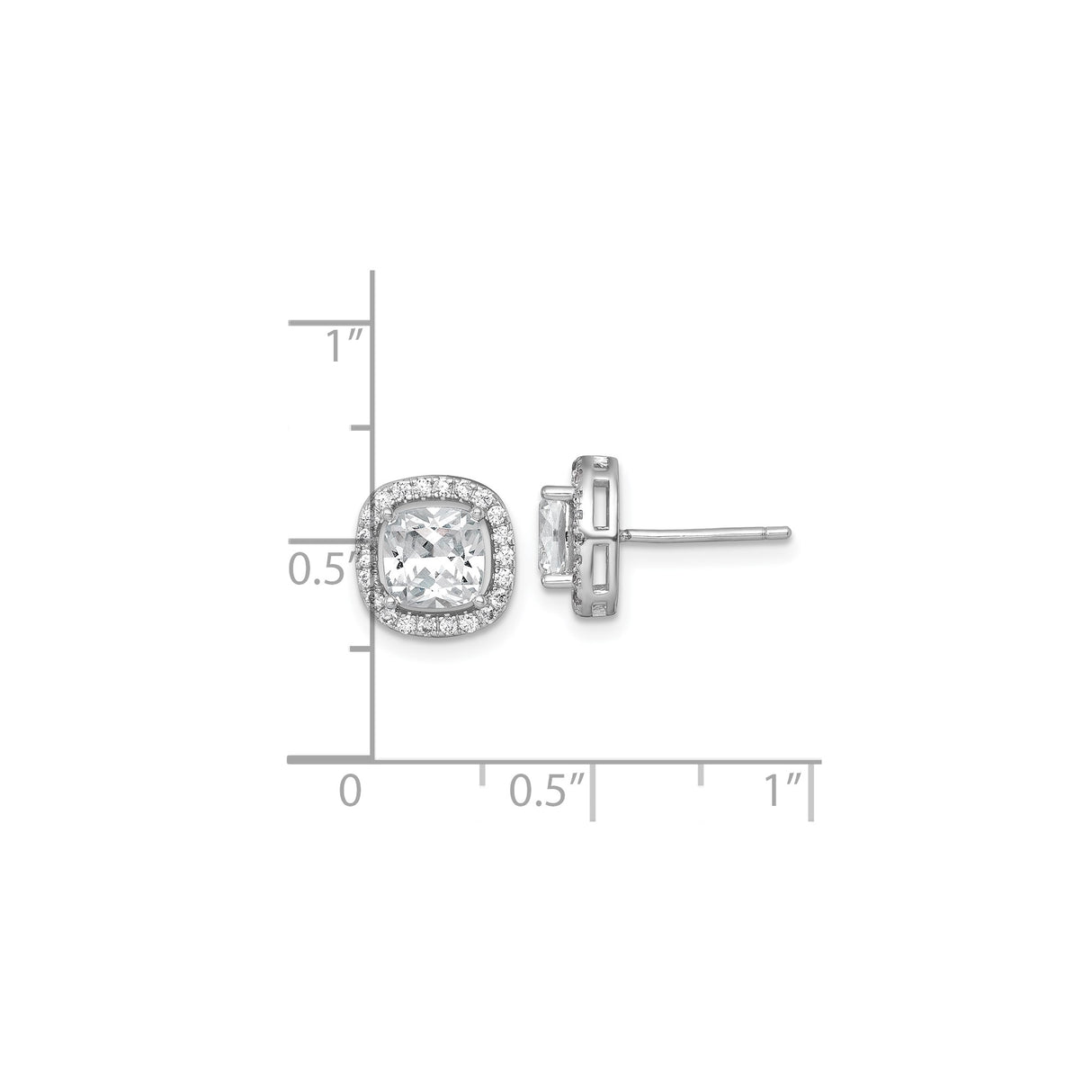 Sterling Silver Stud Earrings with Cushion Cut Cubic Zirconia in Halo Setting