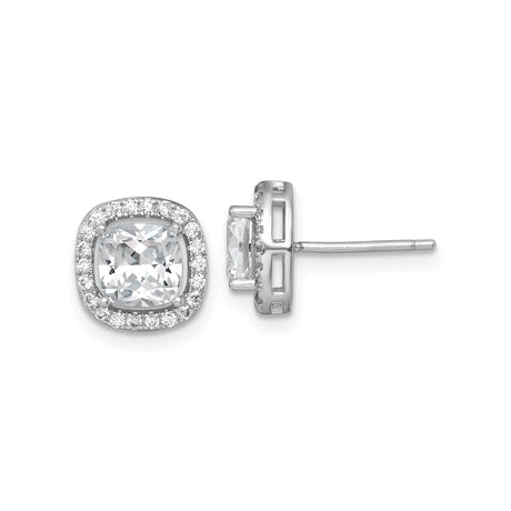 Sterling Silver Stud Earrings with Cushion Cut Cubic Zirconia in Halo Setting