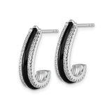 Sterling Silver Hoop Earrings with Black Enamel and Cubic Zirconia Accents, Modern Style