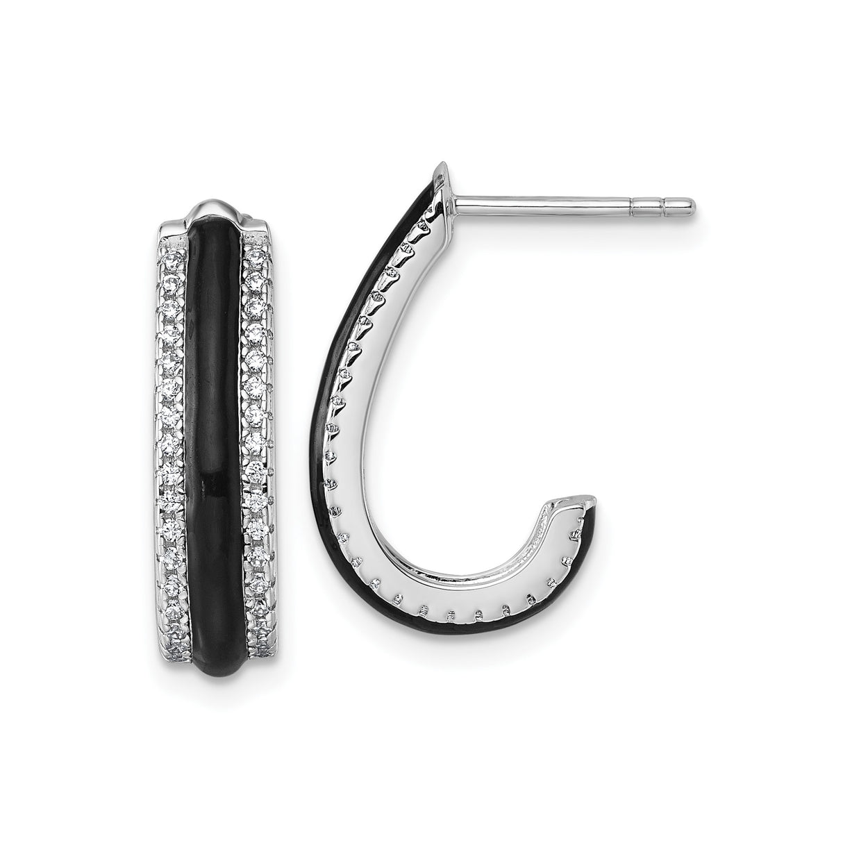 Sterling Silver Hoop Earrings with Black Enamel and Cubic Zirconia Accents, Modern Style
